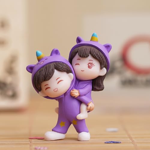 Purple Miniature Cute Couple Statue Girl On Boy's