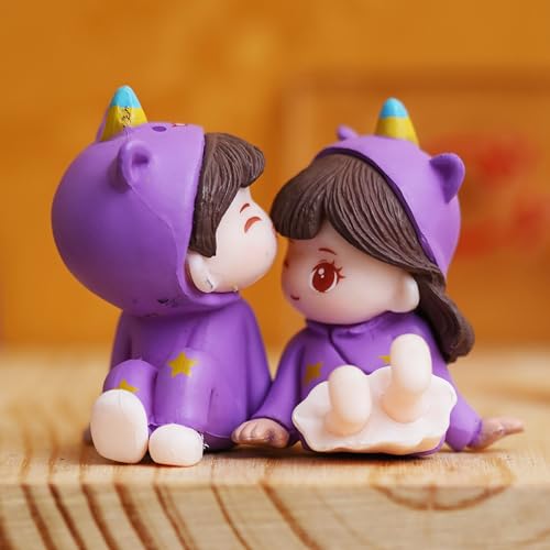 Purple Miniature Cute Couple Statue Girl On Boy's